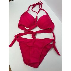 Hot Pink Push Up Halter Bikini Set with Front Knot and Side Tie Bottoms M NWOT